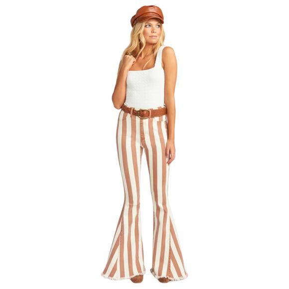 Show Me Your Mumu Berkeley Zip Up Bells Jeans 26 Cognac Cream Stripe Boho - Picture 1 of 9